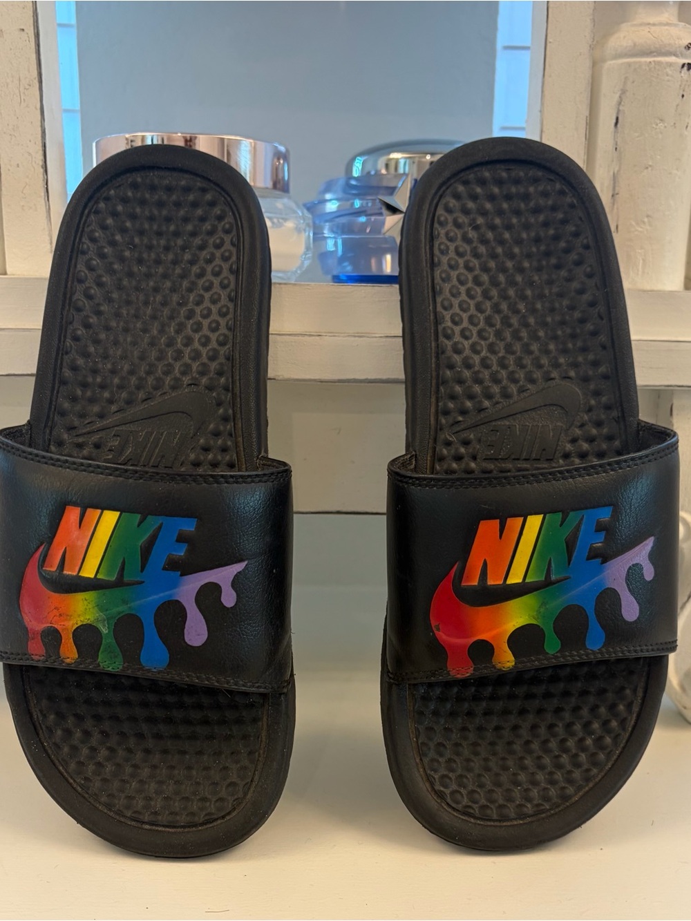 Nike Black Slides with Rainbow Drip Logo